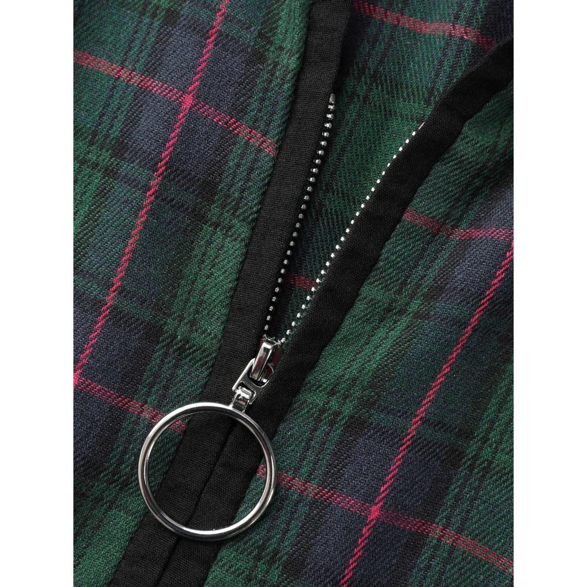 Plus Size Contrast Plaid O Ring Zipper Dress Emerald Women At the Office Contrast Shirt collar Long Sleeve Curvy BloomChic 18-20/2X Product Image