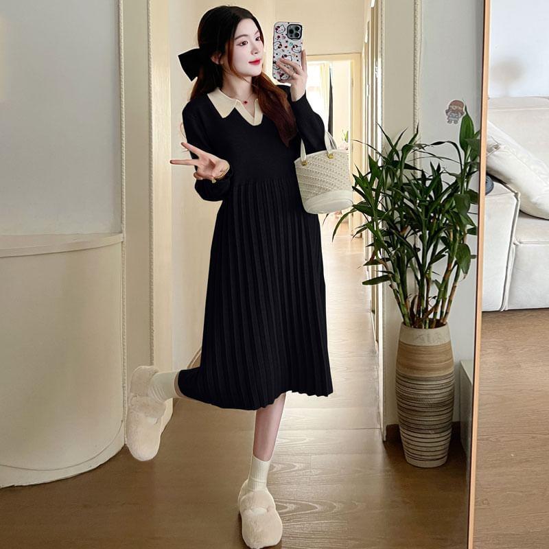 Maternity Long-Sleeve Collar Plain Pleated Hem Knit Midi A-Line Dress Product Image