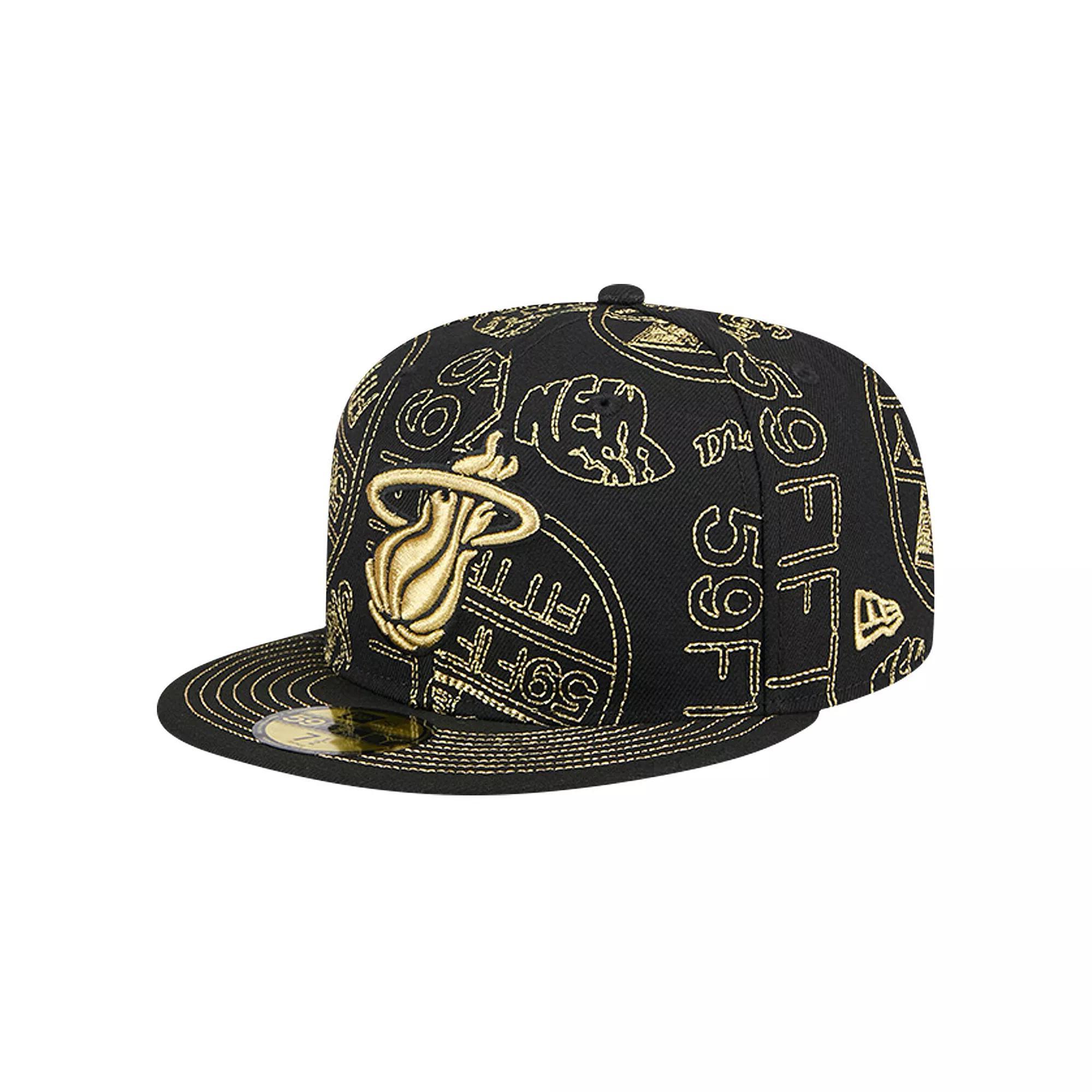 Men's New Era Black Miami Heat 59FIFTY Day Allover Print Stencil Fitted Hat, Size: 7 Product Image