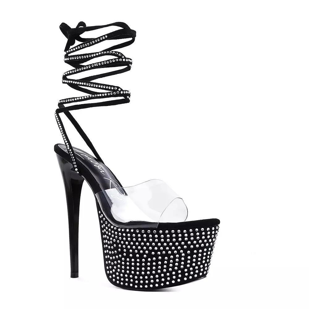 London Rag Sugar Mom Women's Strappy Rhinestone High Heel Sandals, Size: 7, Black Product Image