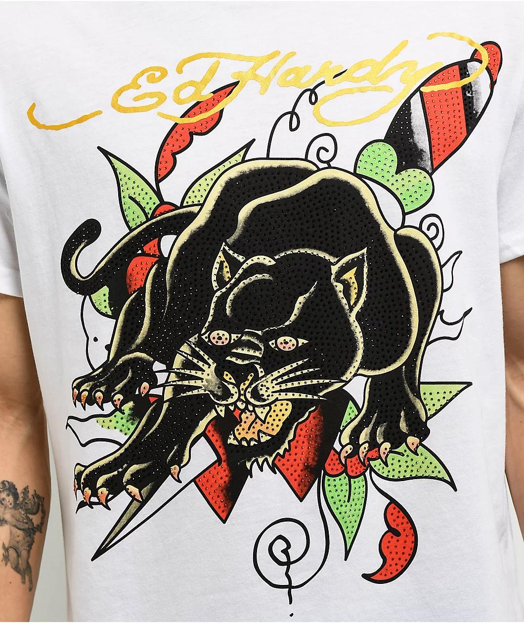 Ed Hardy Crouching Panther Rhinestone White T-Shirt Product Image