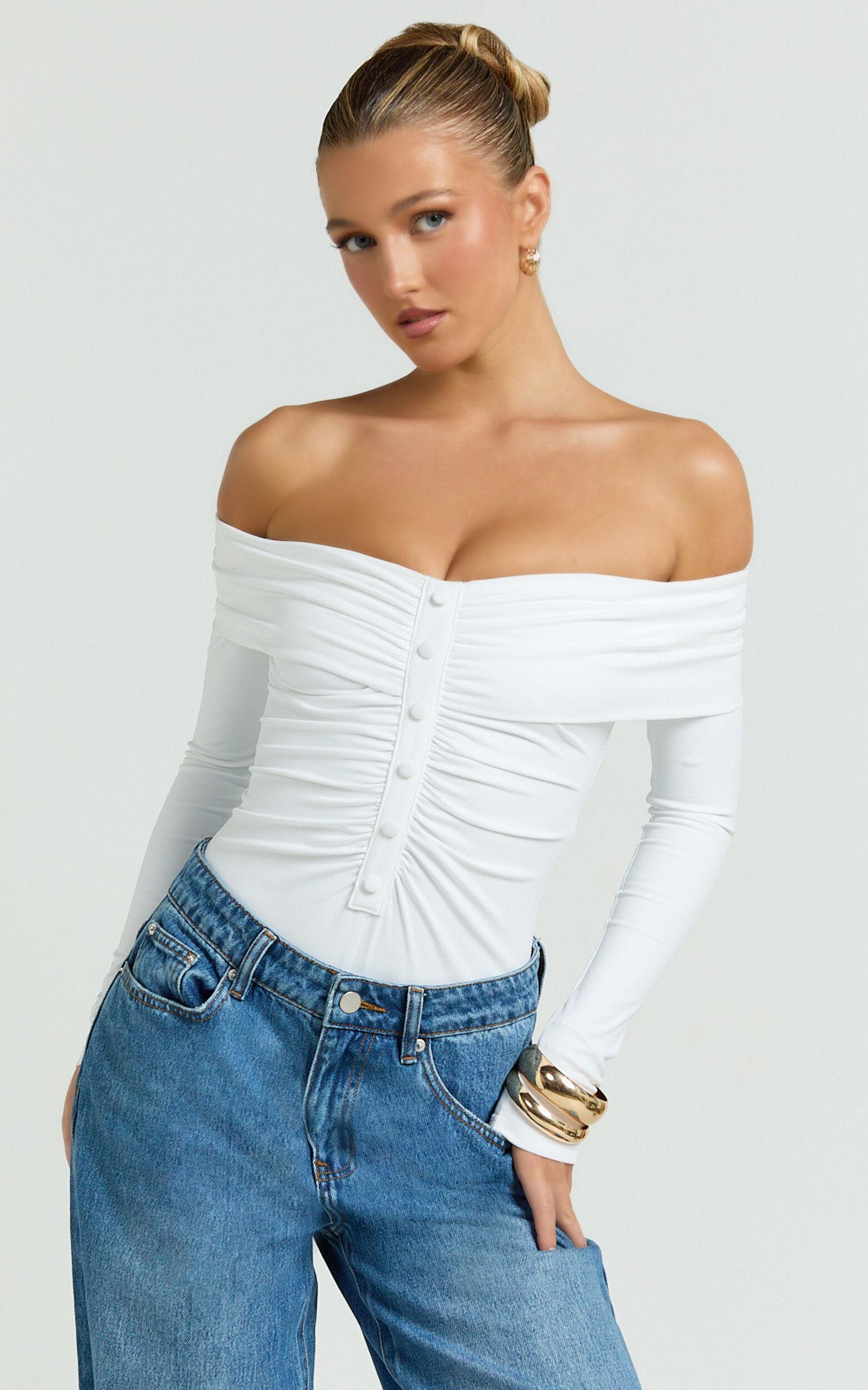 Charisse Bodysuit - Off Shoulder Button Down Bodysuit in White Product Image
