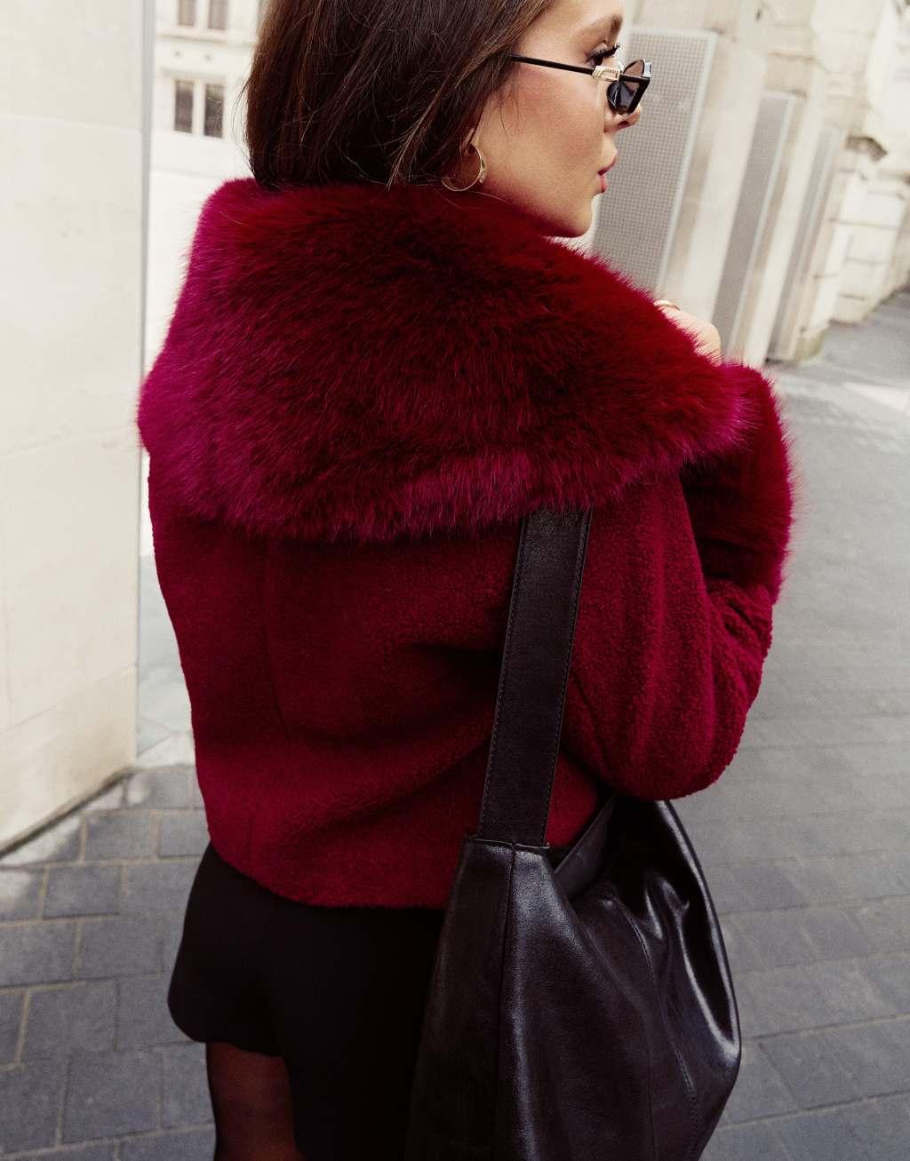 The Frolic x Bella Stovey faux fur oversized collar and cuff detail jacket in burgundy Product Image