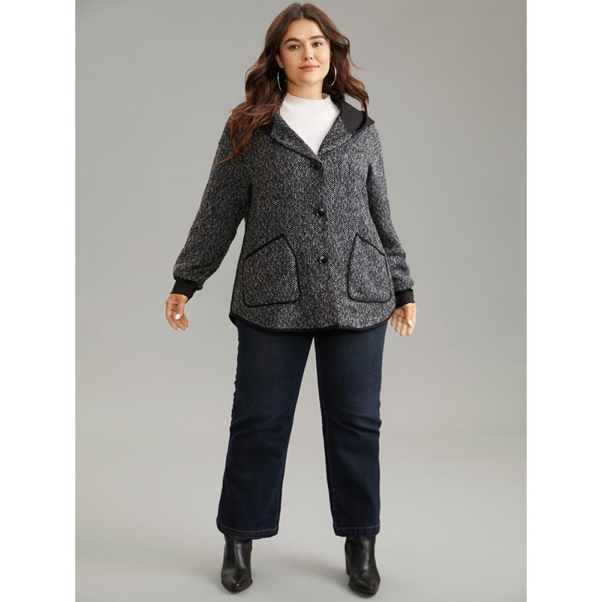 Plus Size Tweed Pocket Button Through Hooded Coat Women Black Casual Patchwork Ladies Dailywear Winter Coats BloomChic 28/5X Product Image