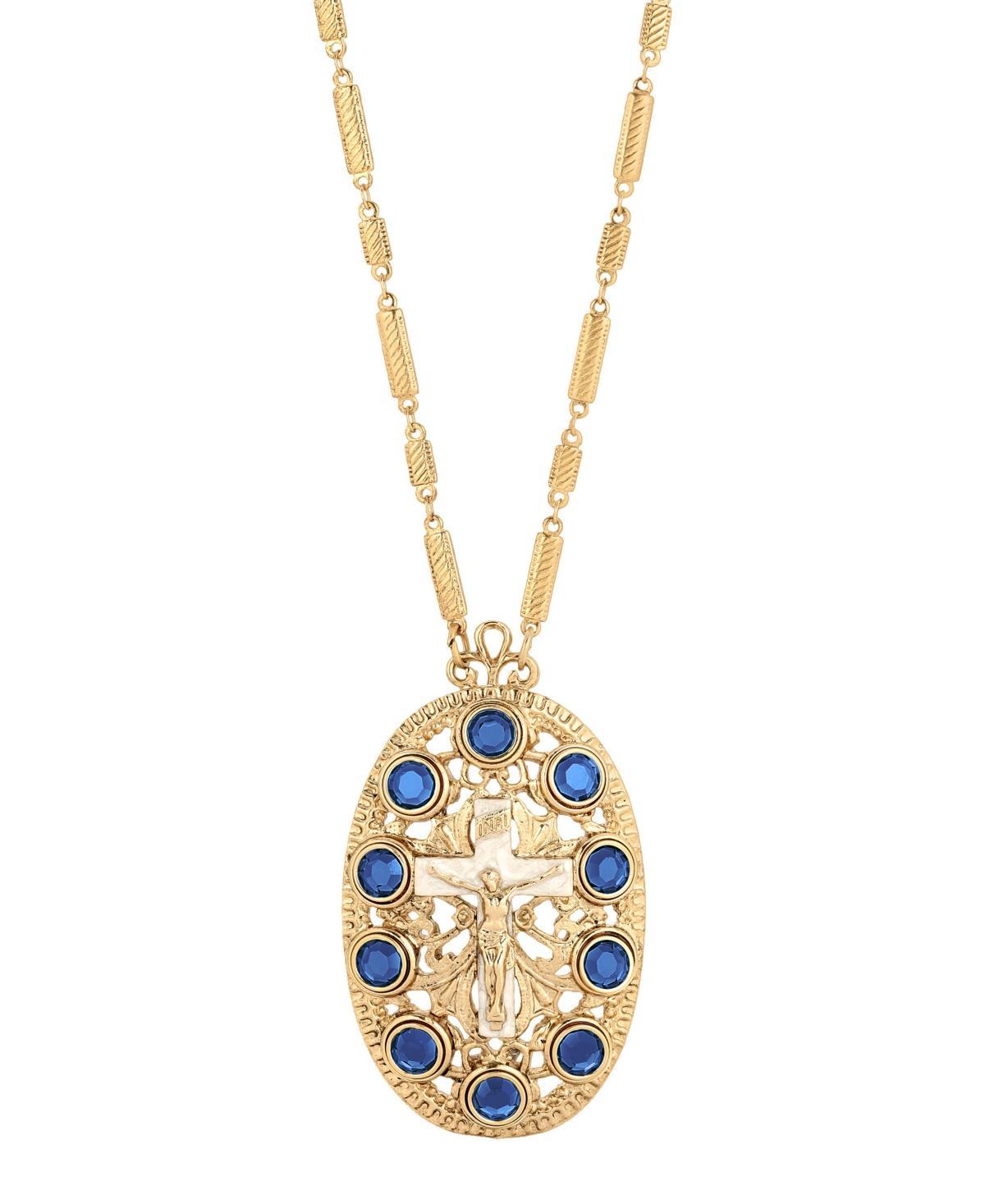 1928 Gold Tone Oval Cross Crystal Accent Necklace, Womens Blue Product Image