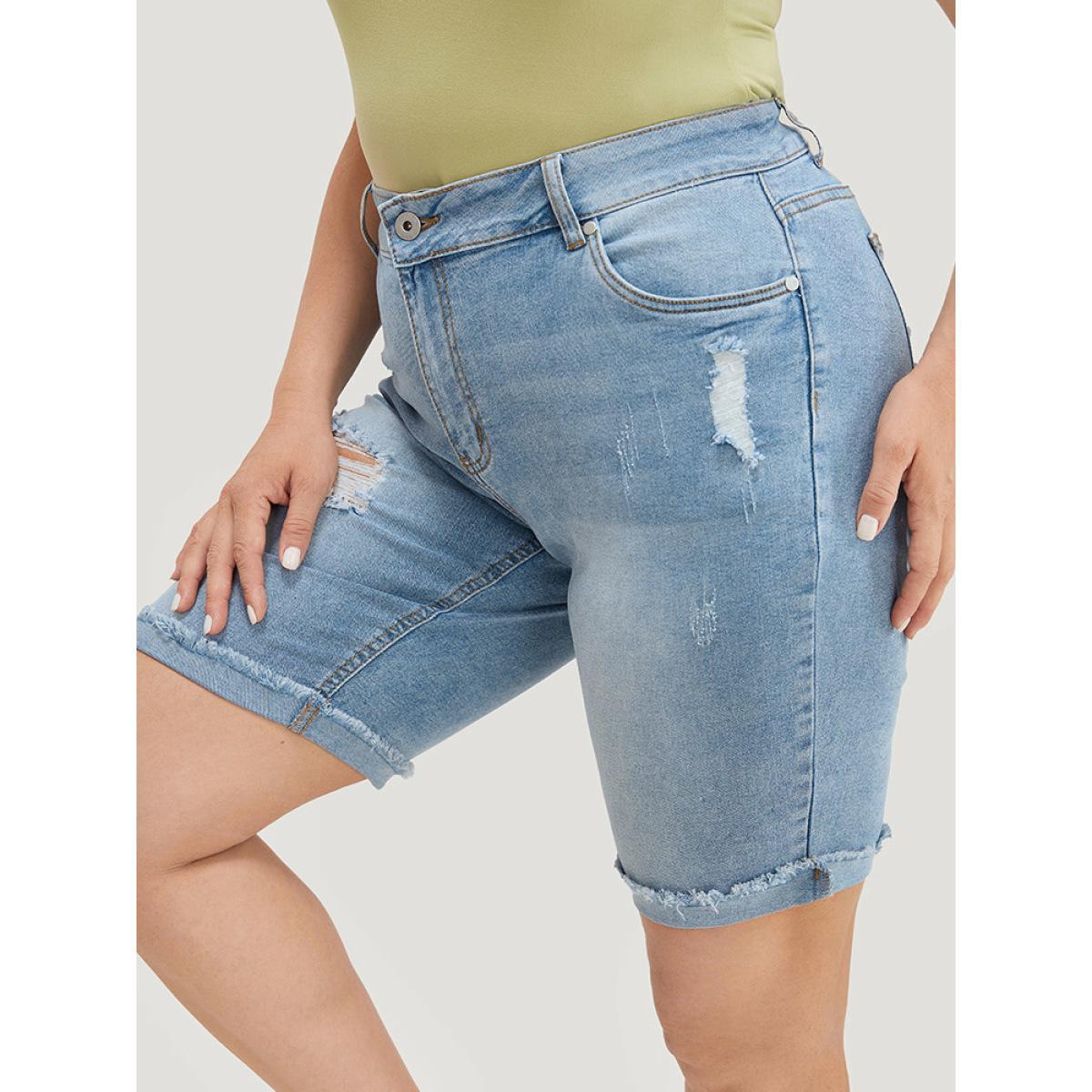Plus Size Moderately Stretchy High Rise Light Wash Distressed Denim Shorts Women LightBlue Casual Plain Medium stretch Pocket Jeans BloomChic 16/1X Product Image