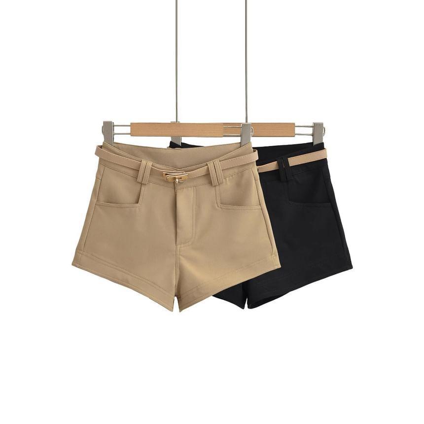 Set: High Waist Plain Shorts + Faux Leather Belt Product Image
