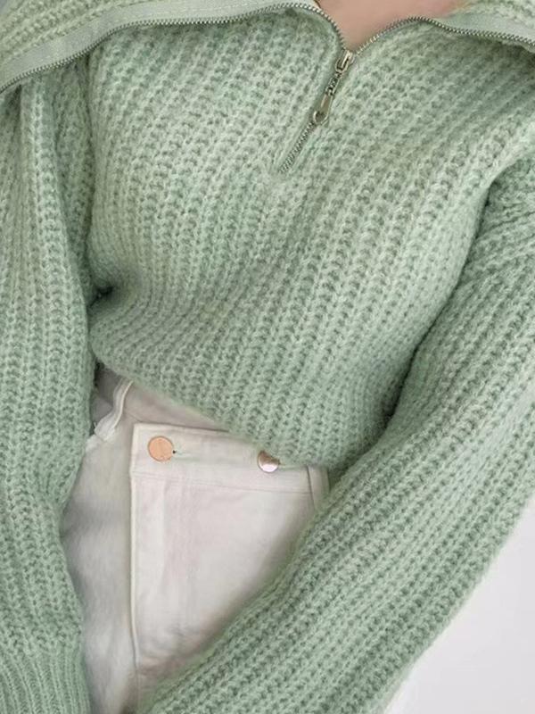 Solid Big Lapel Neck Half Zip Sweater Product Image