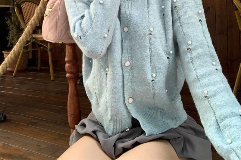 Round Neck Distressed Beaded Cardigan Product Image