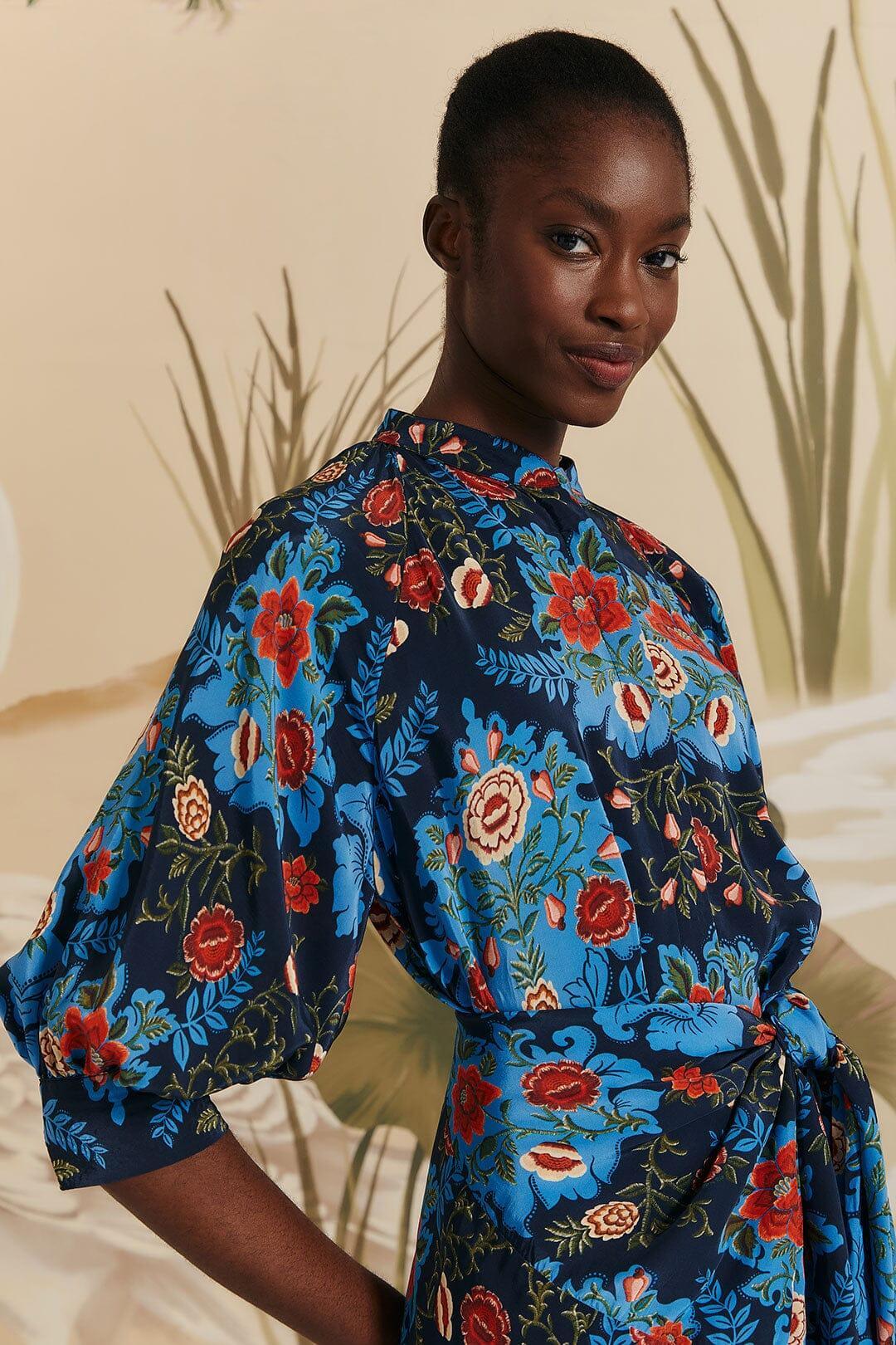 Blue Arabesque Floral Midi Dress, ARABESQUE FLORAL BLUE / XXS Product Image