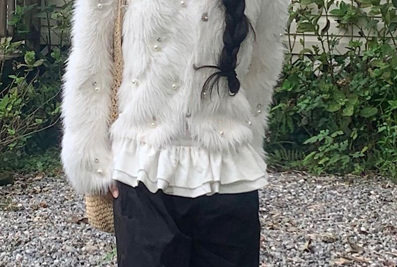 V-Neck Furry Beaded Crop Cardigan Product Image