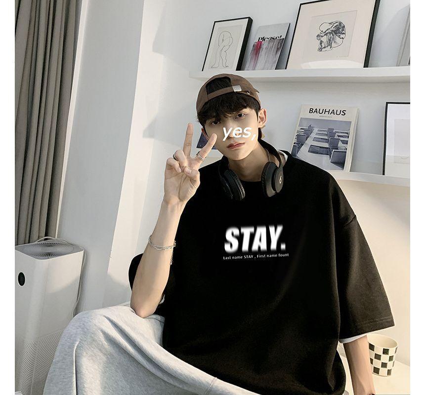 Short-Sleeve Round Neck Lettering T-Shirt Product Image