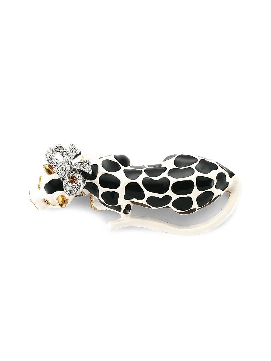 Womens Black & White Enamel Crystal Bow Leopard Pin Product Image