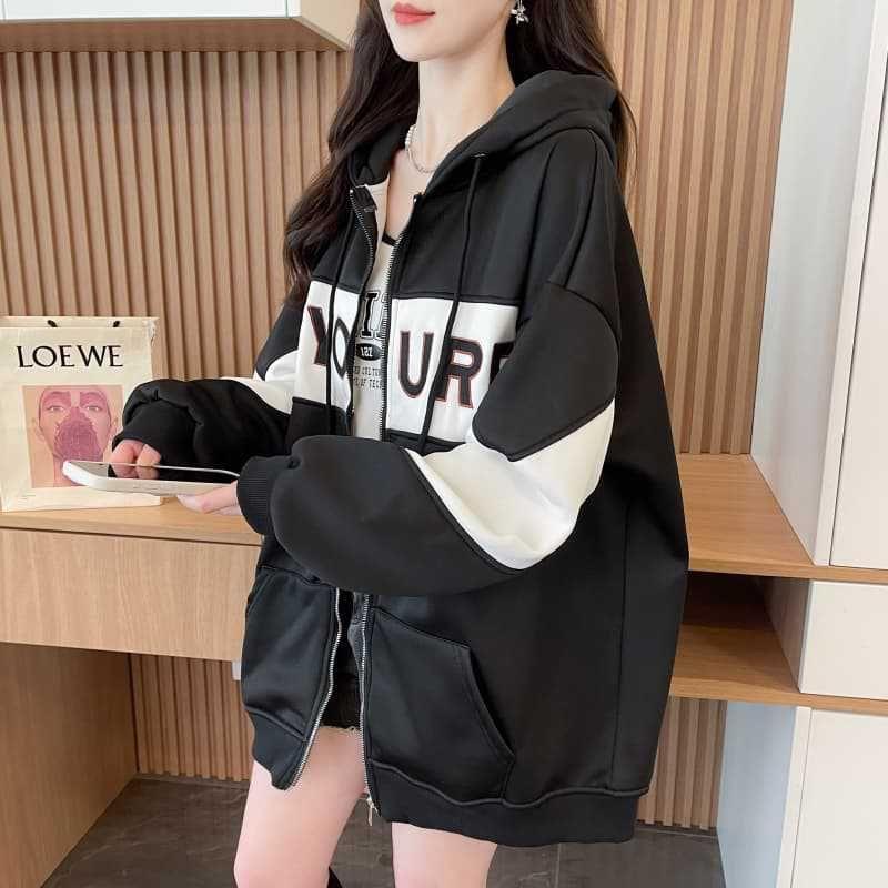 Two Tone Lettering Embroidered Zip-Up Hoodie Product Image