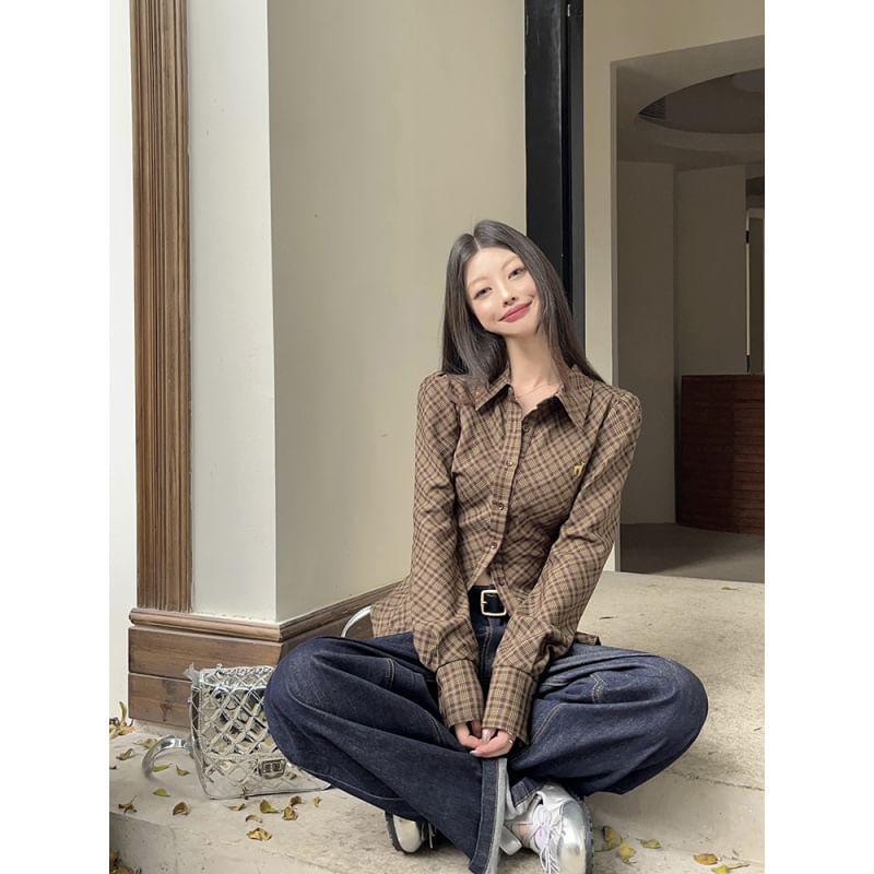 Long Sleeve Collared Plaid Shirt Product Image