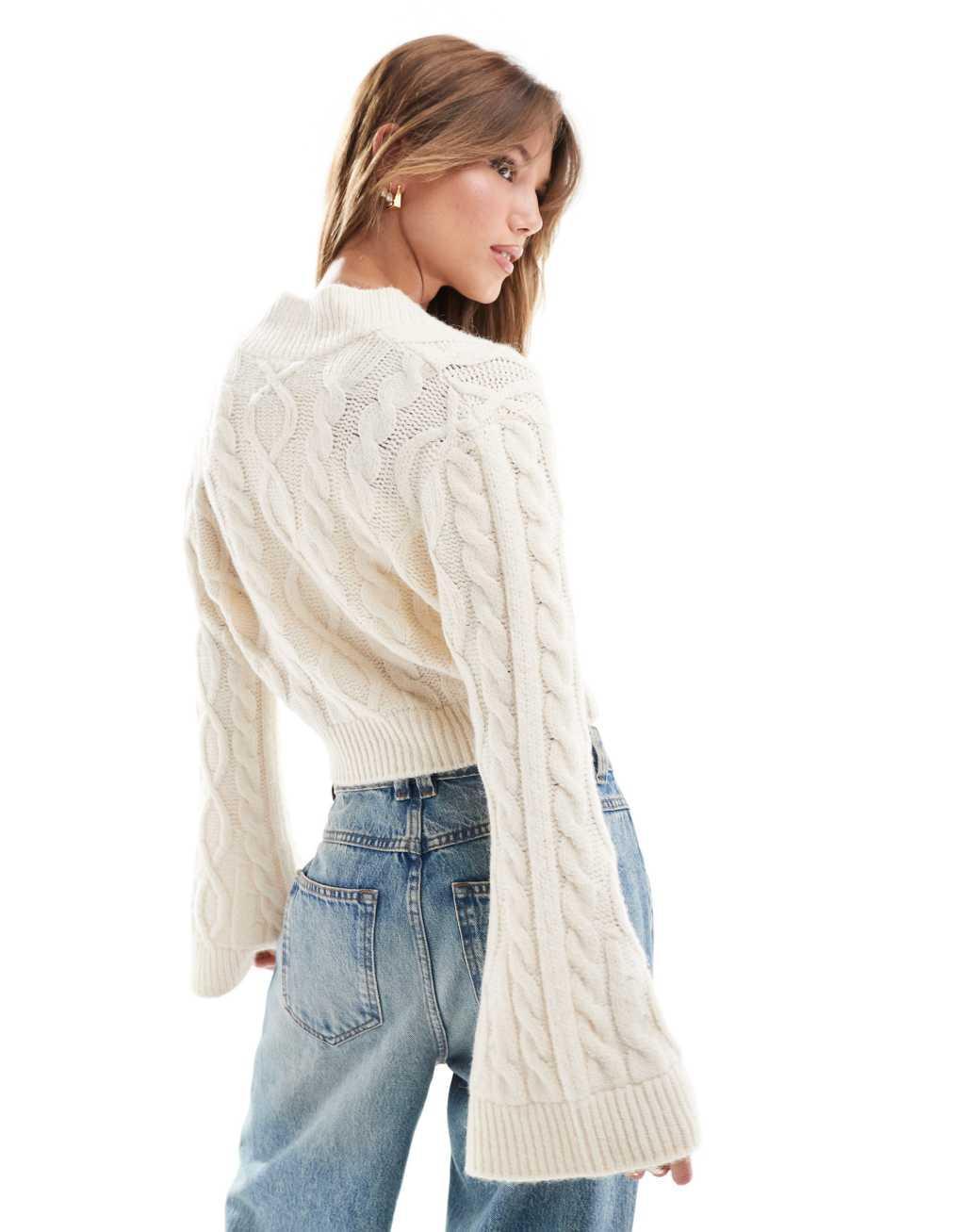 ASOS DESIGN wide sleeve knitted cable stitch cardigan in ecru Product Image