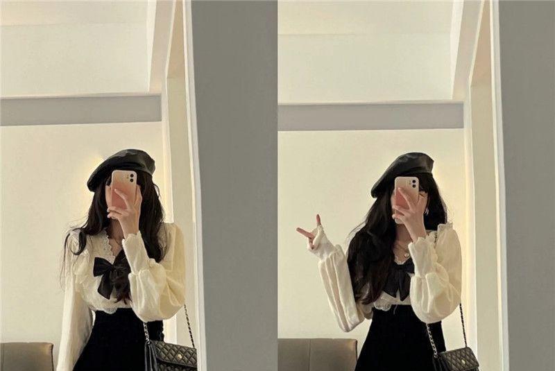 Long-Sleeve Ruffled Bow Blouse / Pleated Mini A-Line Skirt Product Image