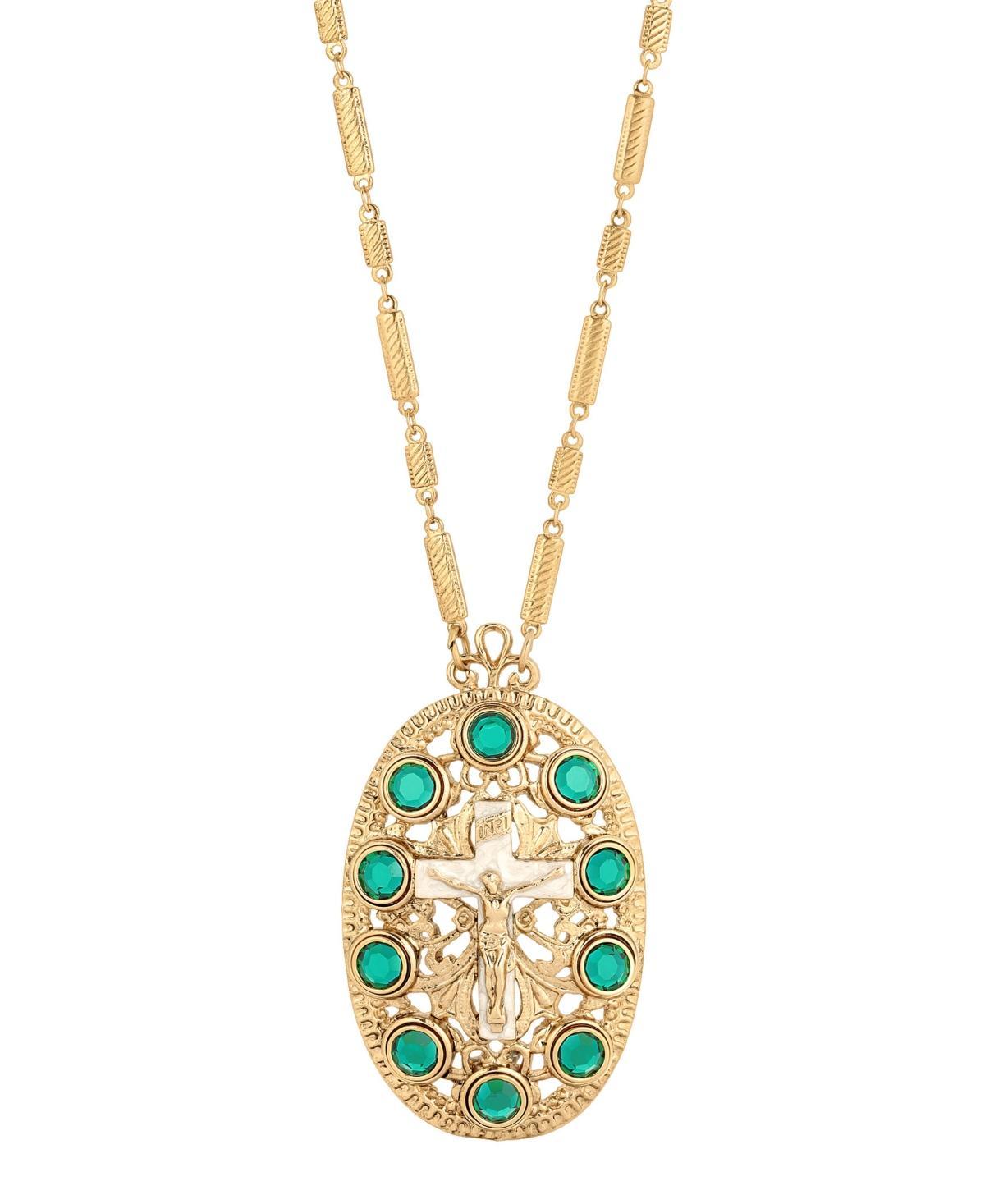 1928 Gold Tone Oval Cross Crystal Accent Necklace, Womens Blue Product Image