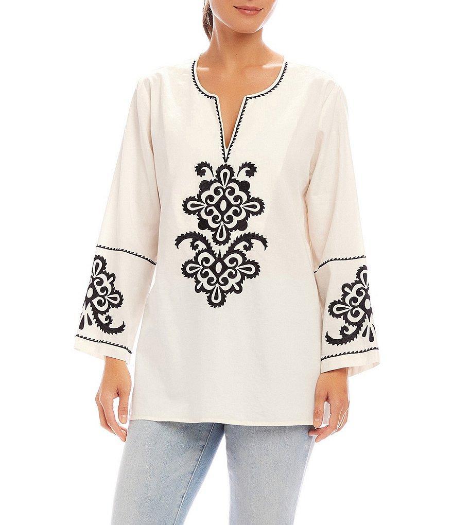 Karen Kane Embroidered Split V-Neck 3/4 Sleeve Tunic Product Image