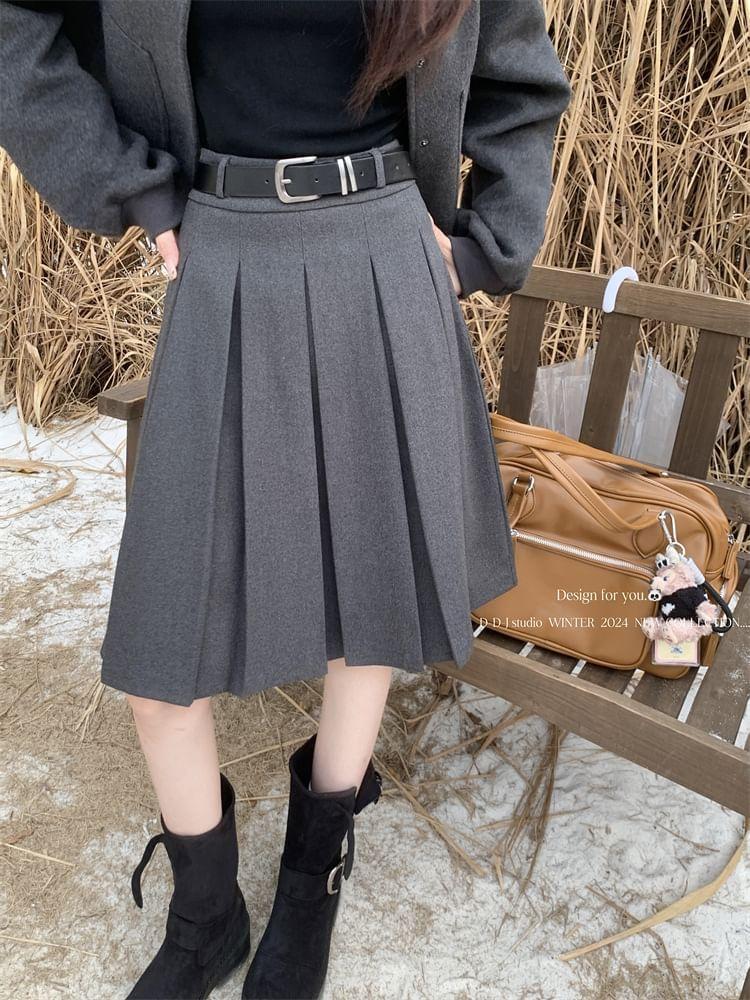 High Waist Plain Midi Pleated Skirt Product Image