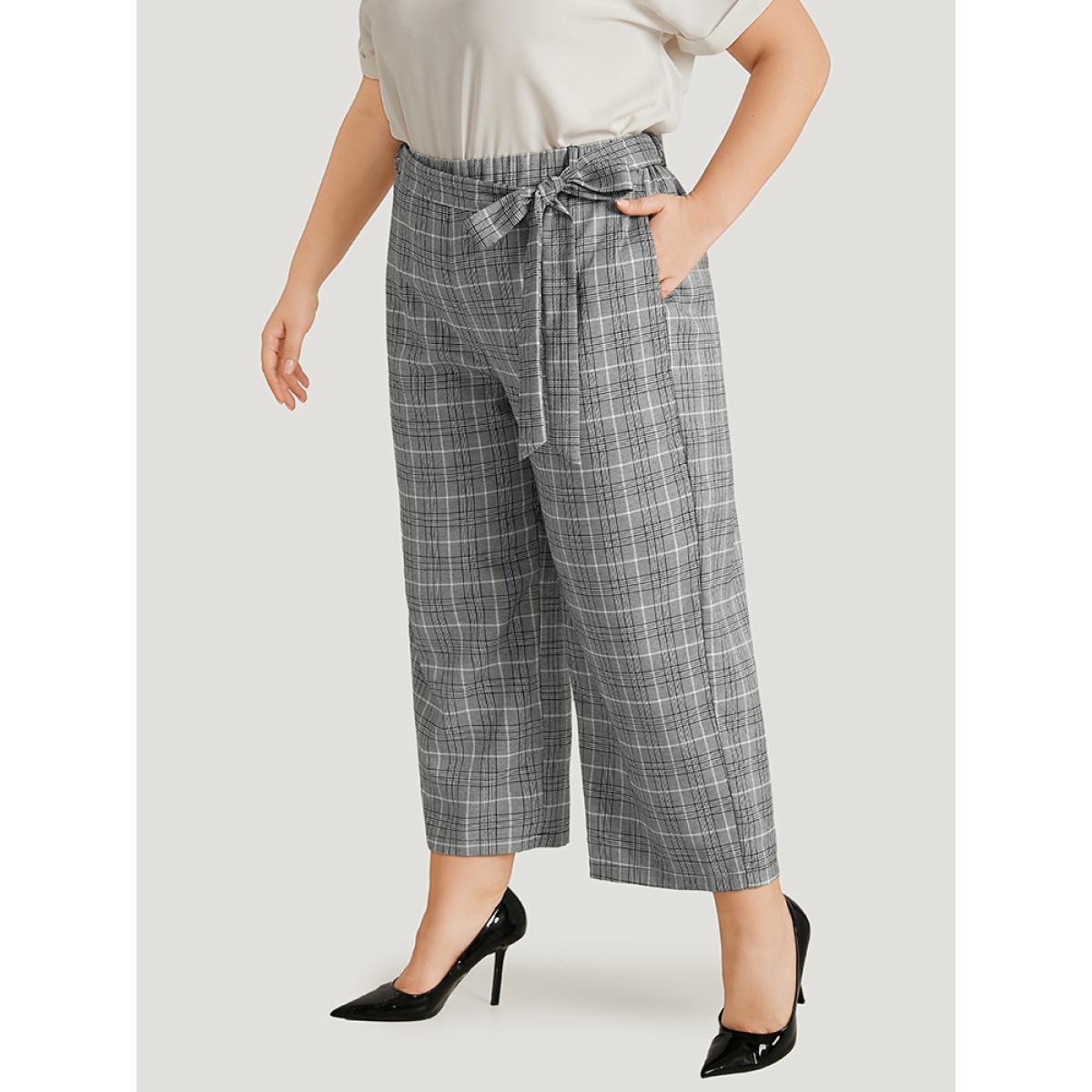 Plus Size Gingham Pocket Belted Wide leg Pants Women Black Office Straight Leg High Rise Work Pants BloomChic 10/M Product Image