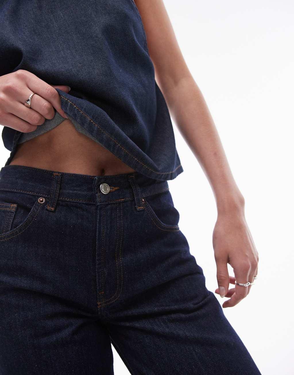 Topshop Tall Cinch low rise relaxed jeans in raw look indigo  Product Image