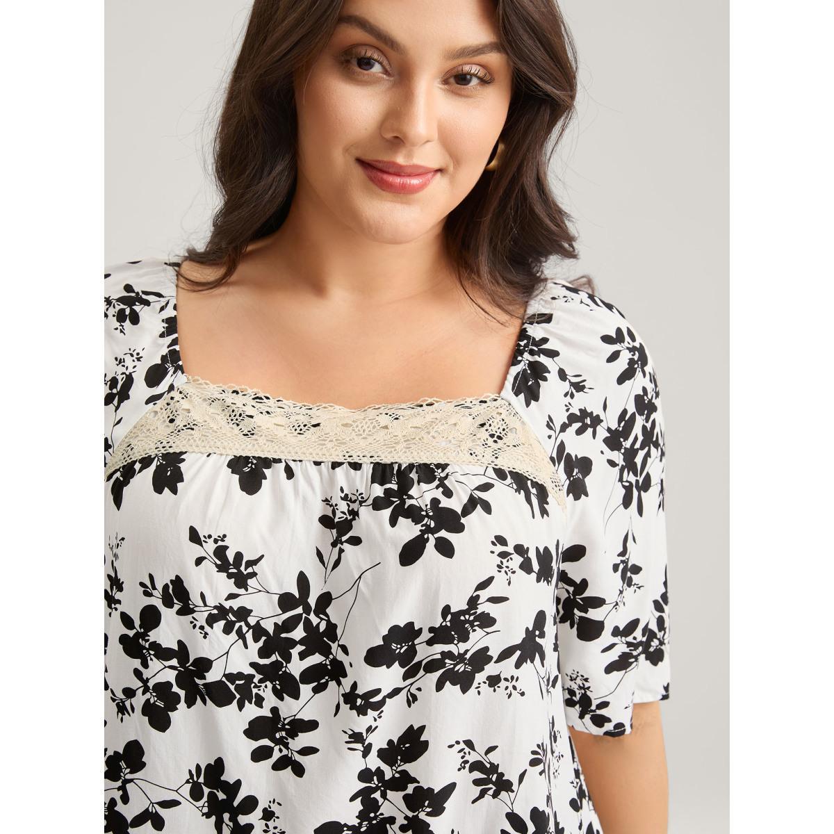 Plus Size WhiteSmoke Silhouette Floral Lace Detail Blouse Women Half Sleeve Square Neck Everyday-Elegant Blouses BloomChic 12/L Product Image