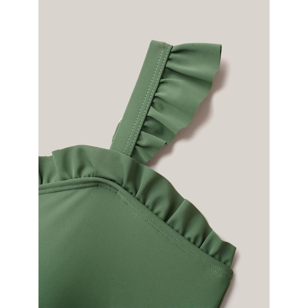 Plus Size Frill Trim Belted Fit Flare Swim Dress Women's Swimwear Moss Beach Bodycon Heart neckline High stretch Curve Swim Dresses BloomChic 12/L Product Image