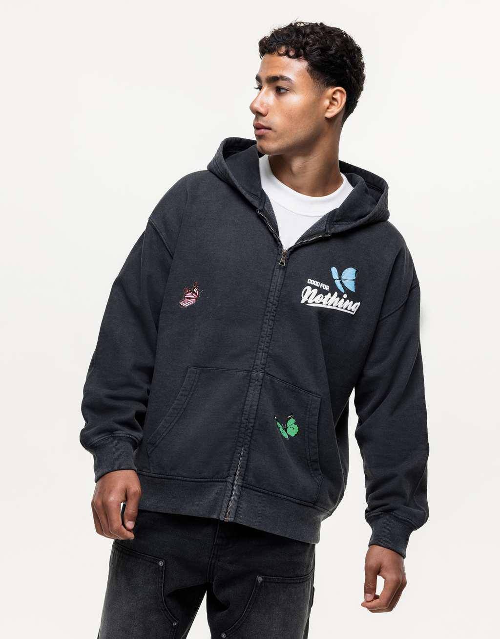 Good For Nothing embroidered zip up hoodie in washed black  Product Image