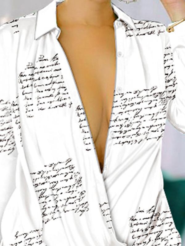 High-Low Long Sleeves Letter Print Lapel Mini Dresses Shirt Dress Product Image