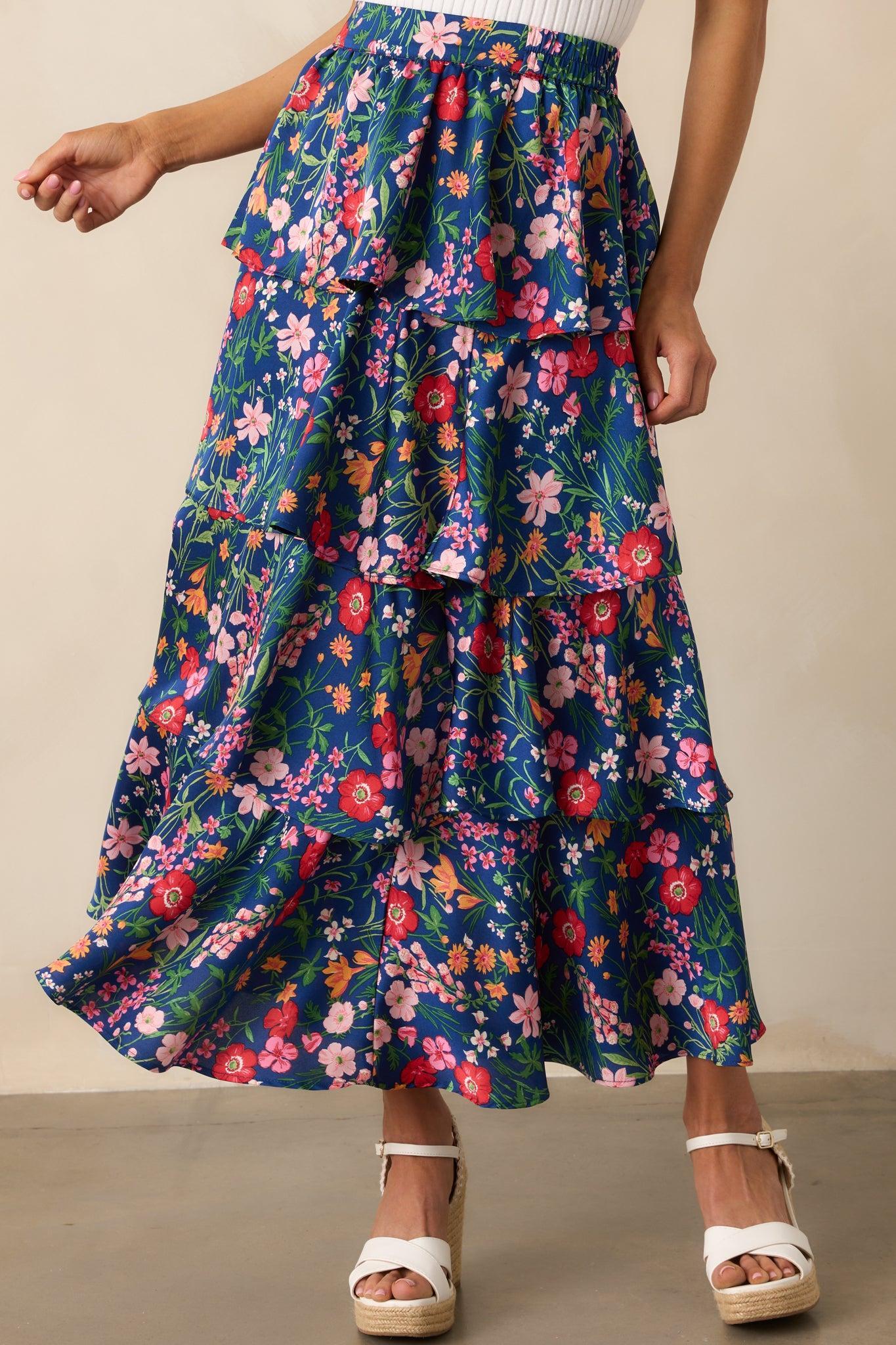 All The Right Things Navy Floral Tiered Maxi Skirt Product Image