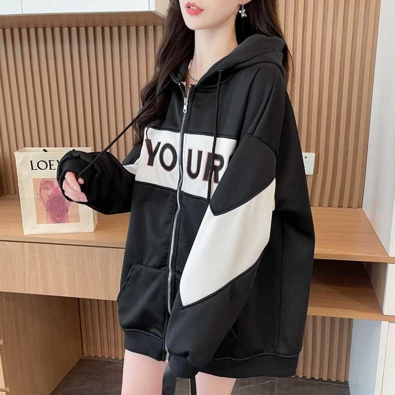 Two Tone Lettering Embroidered Zip-Up Hoodie Product Image