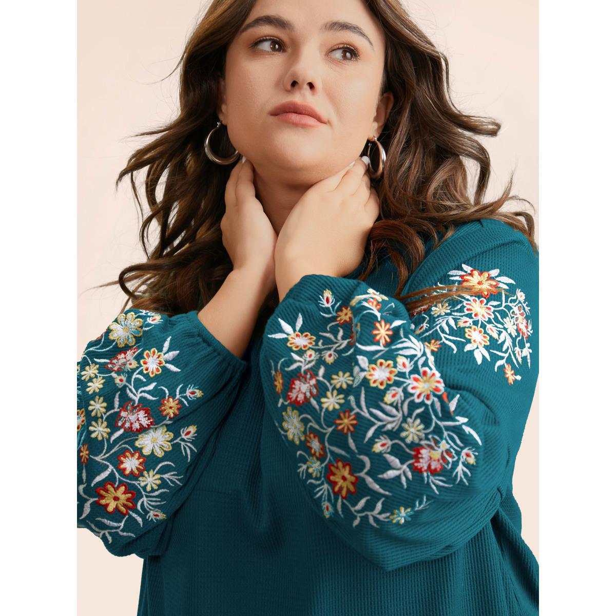 Plus Size Waffle Knit Floral Embroidered Lantern Sleeve T-shirt Cyan Women Elegant Texture Floral Round Neck Everyday T-shirts BloomChic 18-20/2X Product Image
