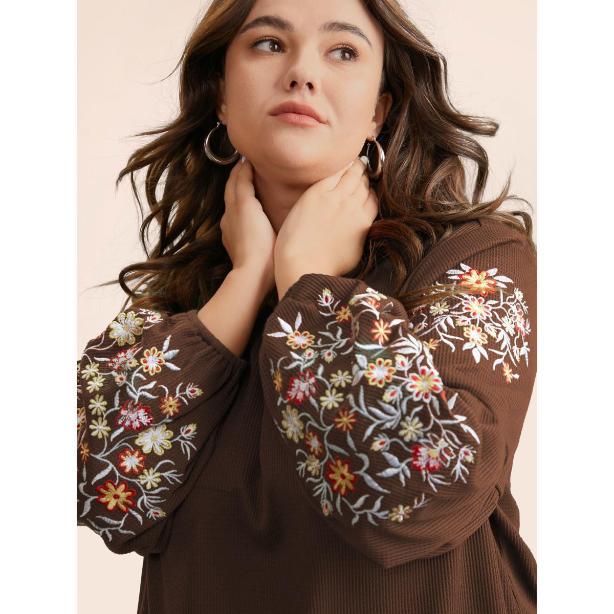 Plus Size Waffle Knit Floral Embroidered Lantern Sleeve T-shirt Cyan Women Elegant Texture Floral Round Neck Everyday T-shirts BloomChic 18-20/2X Product Image