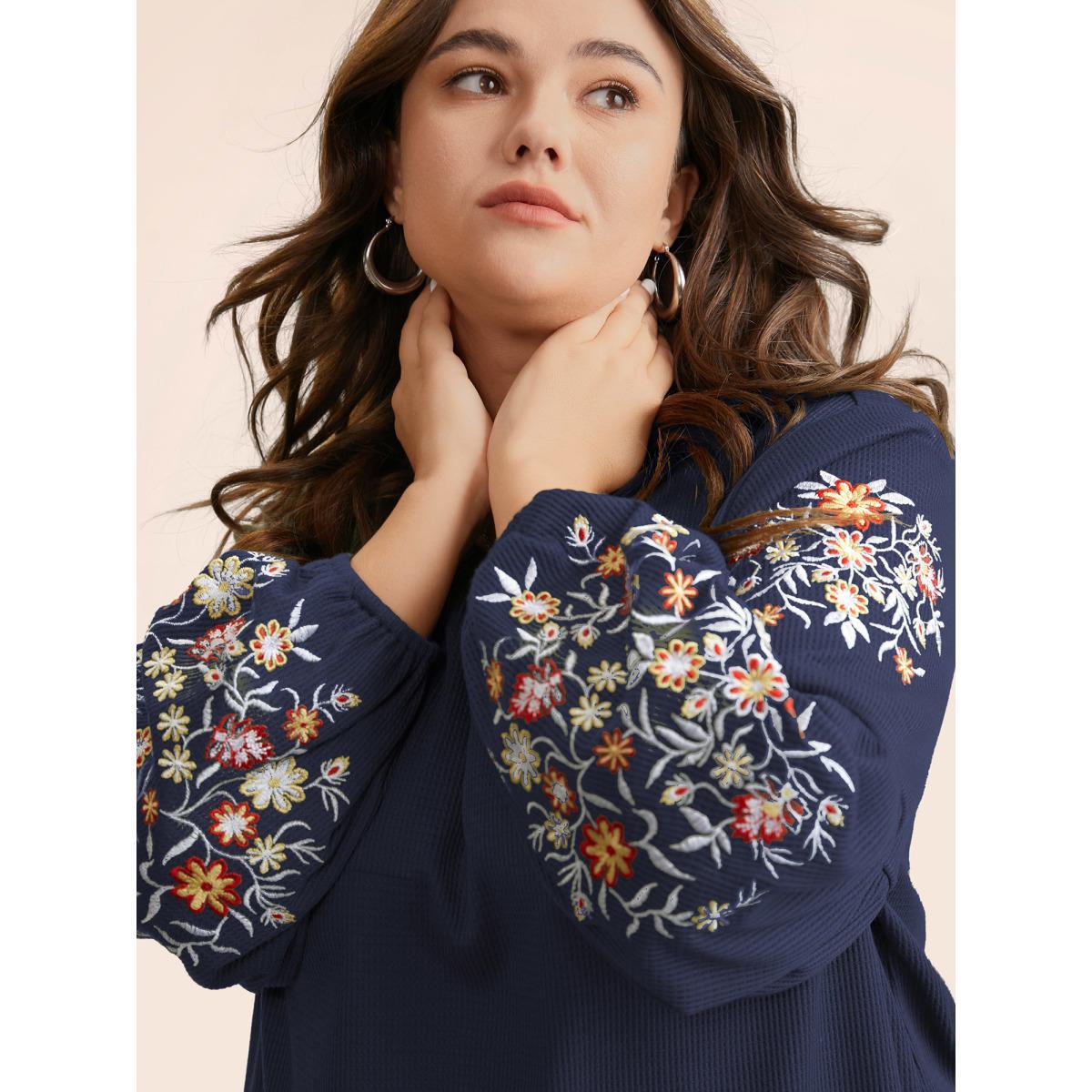 Plus Size Waffle Knit Floral Embroidered Lantern Sleeve T-shirt Indigo Women Elegant Texture Floral Round Neck Everyday T-shirts BloomChic 10/M Product Image