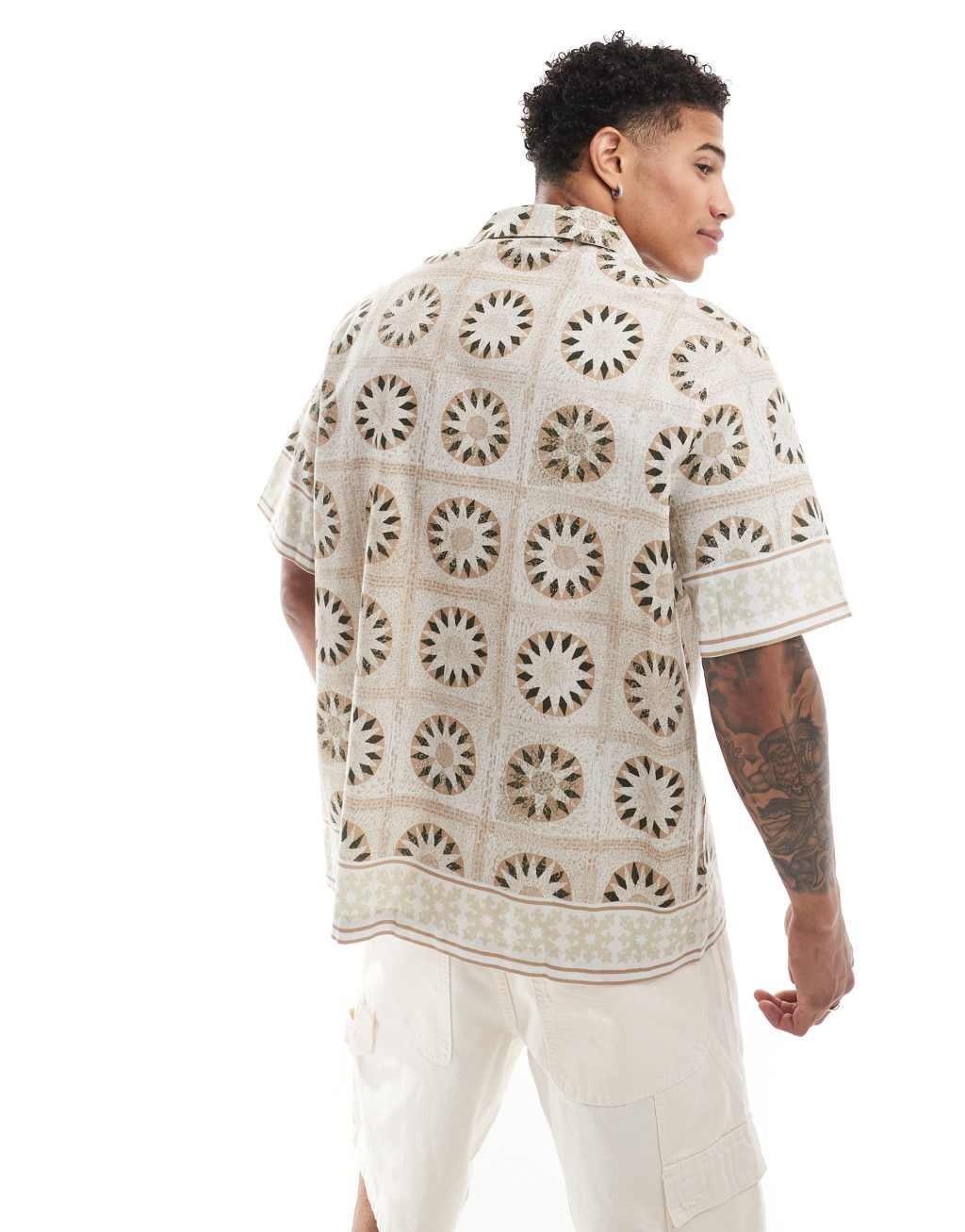 ASOS DESIGN relaxed camp collar shirt with geo print in stone Product Image
