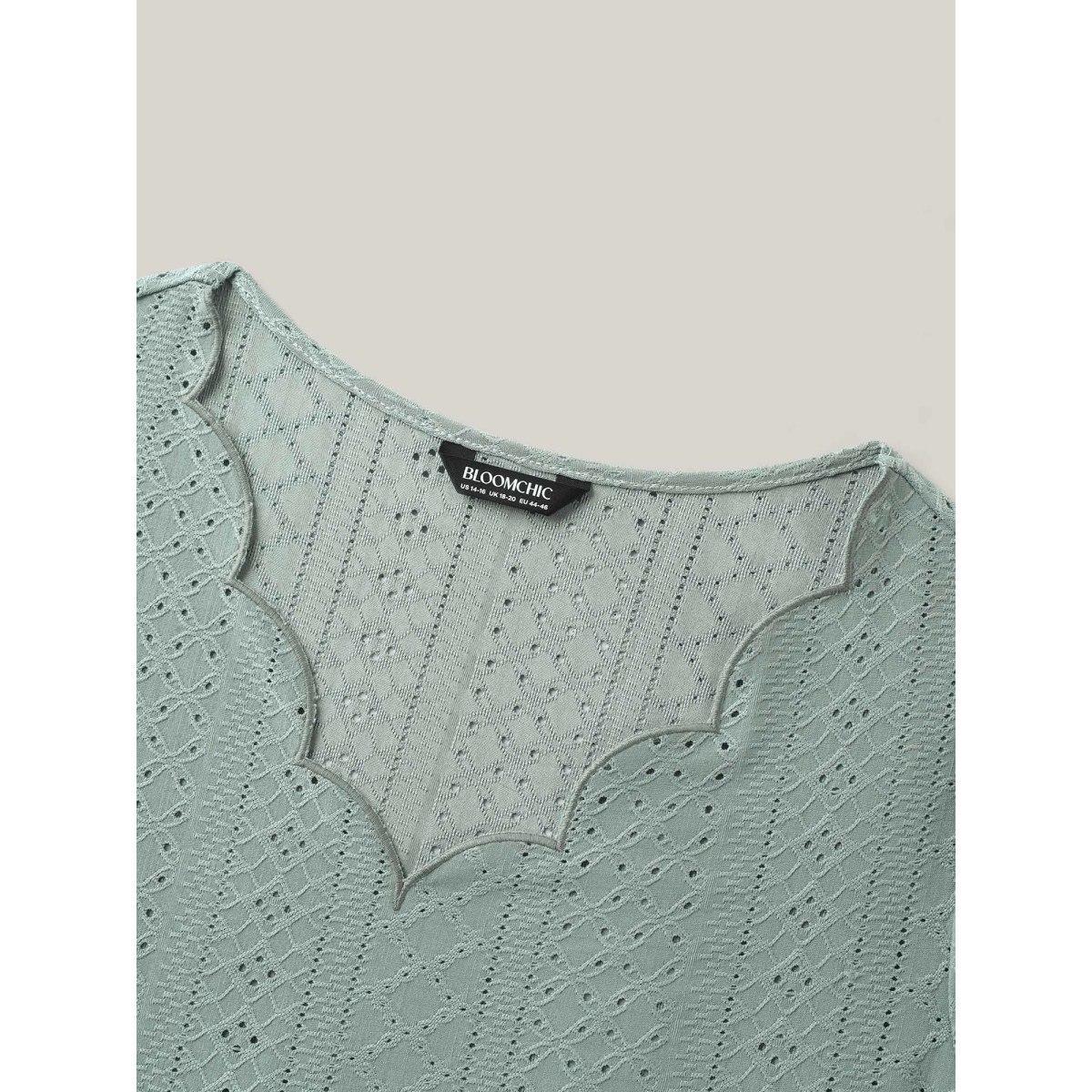 Plus Size Eyelet Trim Scalloped Neck Stretchy T-Shirt Greenbean Women Texture V-neck Everyday-Casual T-shirts BloomChic 10/M Product Image