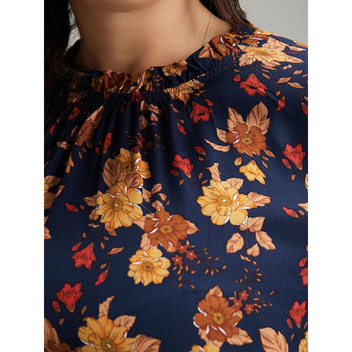 Plus Size Supersoft Essentials Floral Print Mock Neck Dress DarkBlue Women Elegant Printed Mock Neck Long Sleeve Curvy Midi Dress BloomChic 10/M Product Image
