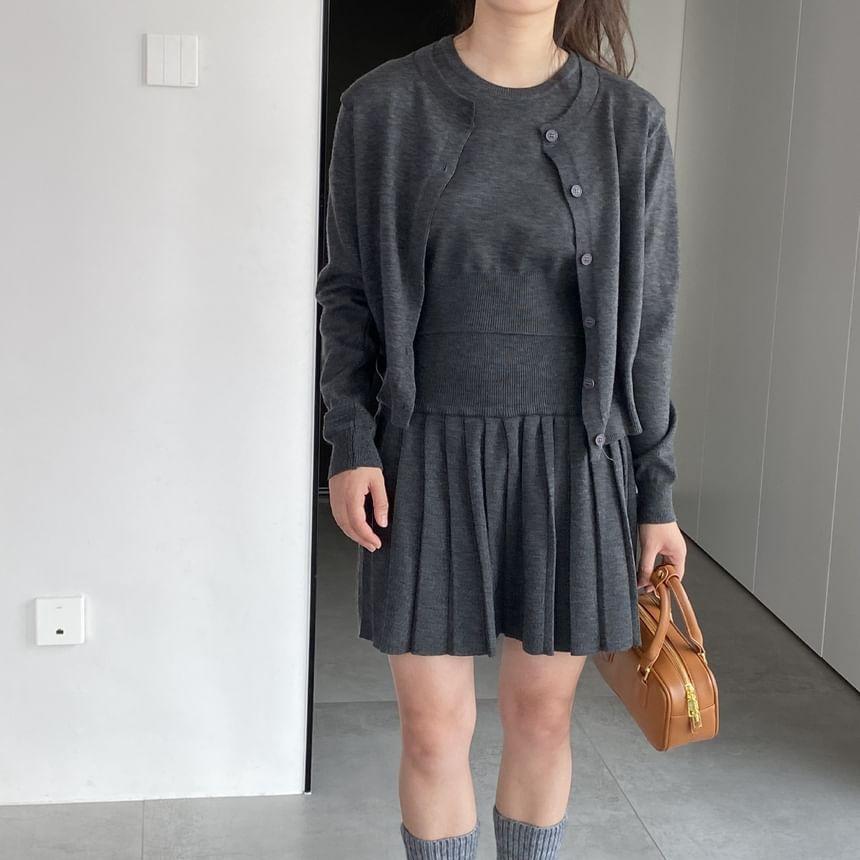 Set: Short-Sleeve Round Neck Plain Knit Top + Mid Waist Plain Mini Pleated Skirt + Round Neck Button Cardigan Product Image