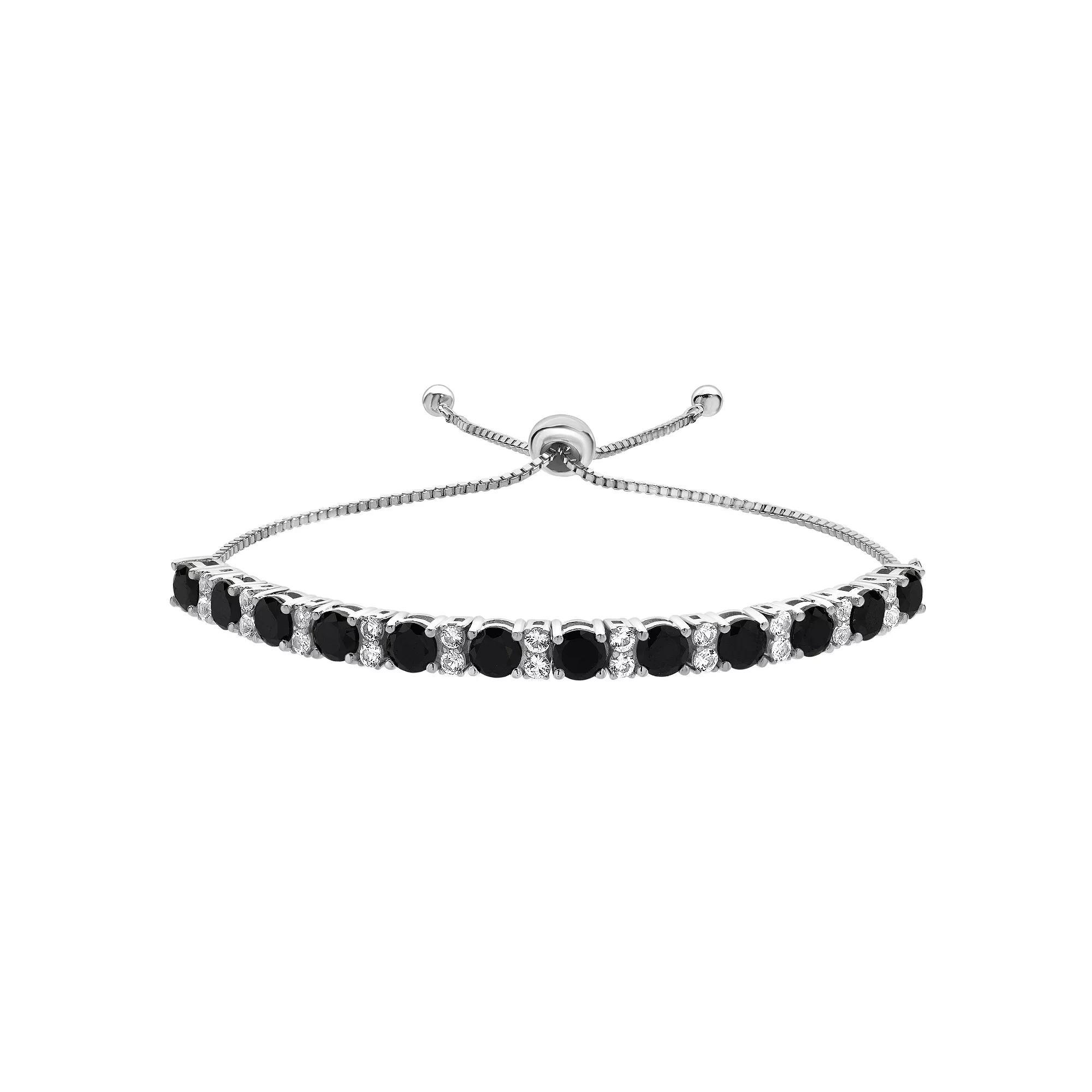 Gemstone Brilliance Sterling Silver Gemstone & Lab-Created White Sapphire Adjustable Bracelet, Womens Sim Black Blue Product Image