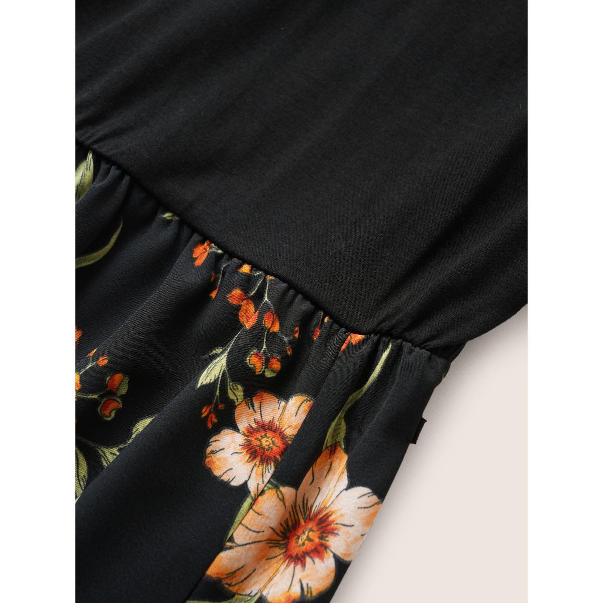 Plus Size Floral Patchwork Pocket Elastic Waist Sleeveless Dress Black Women Elegant Non Sleeveless Curvy Midi Dress BloomChic 18-20/2X Product Image