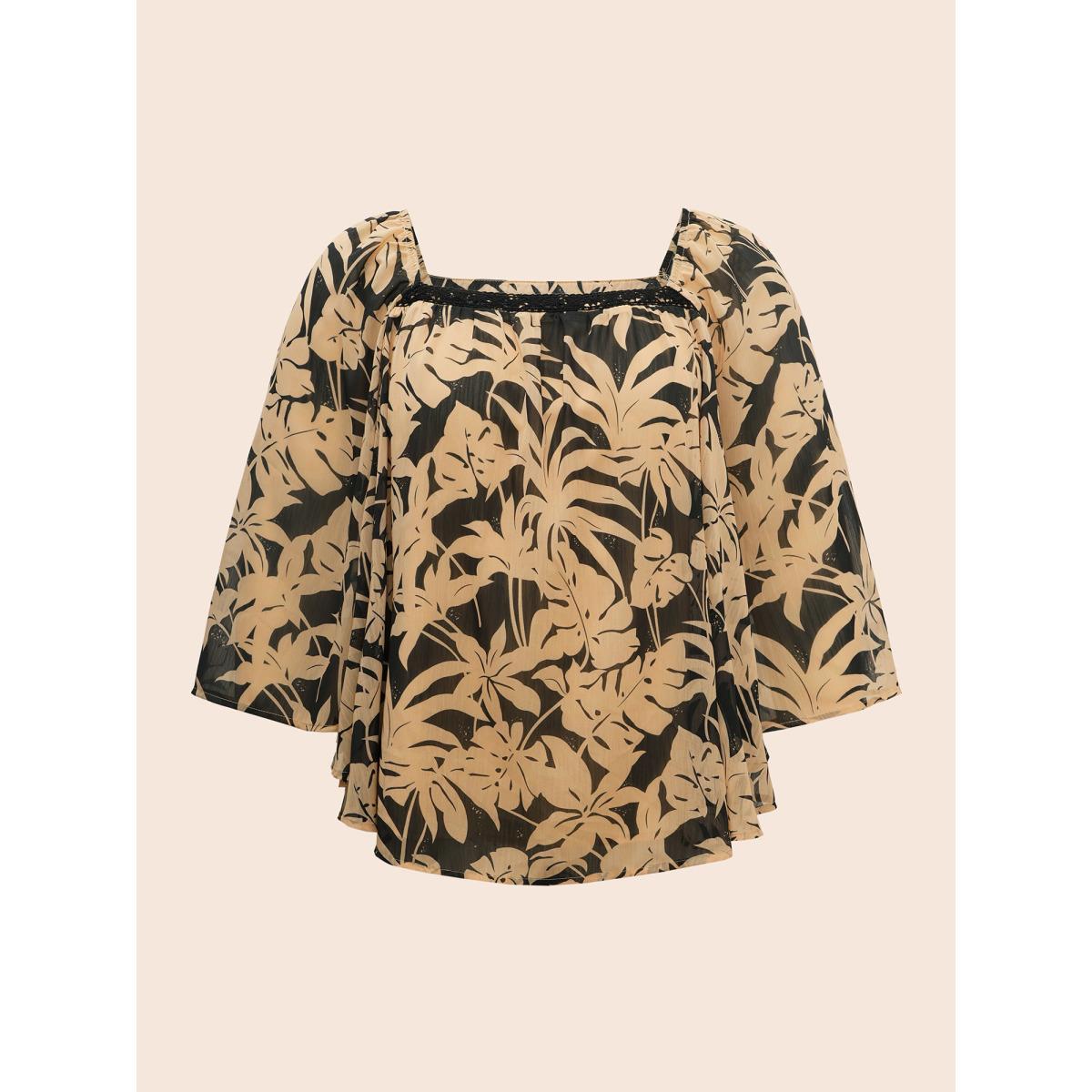 Plus Size Black Silhouette Floral Print Batwing Sleeve Contrast Webbing Blouse Women Elegant Elbow-length sleeve Square Neck Everyday Blouses BloomChic 26/4X Product Image