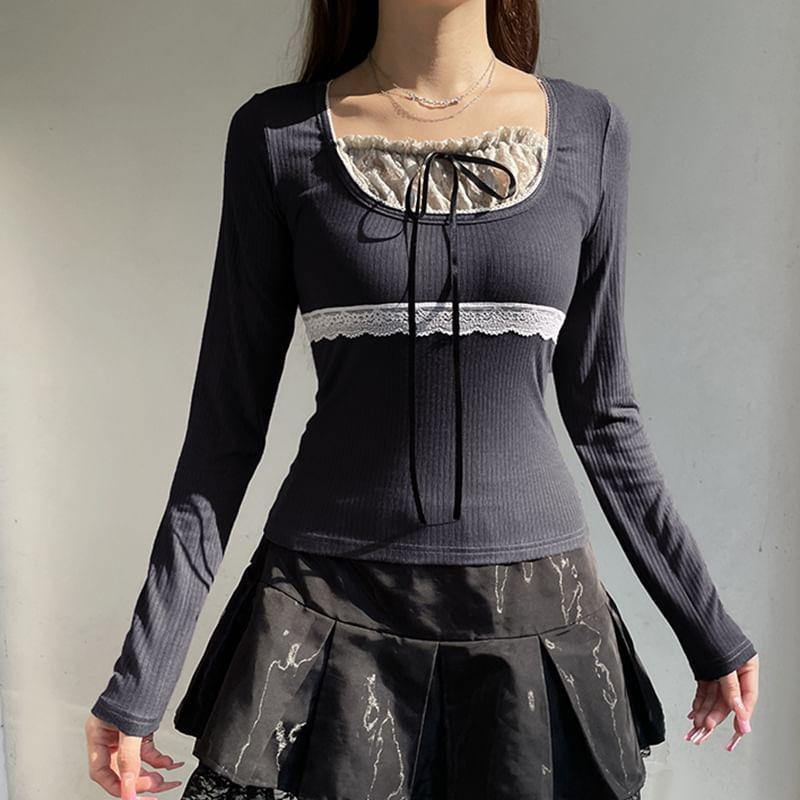 Short Sleeve / Long Sleeve Mock Two Piece Lace-Panel Tie-Front Crop Top Product Image