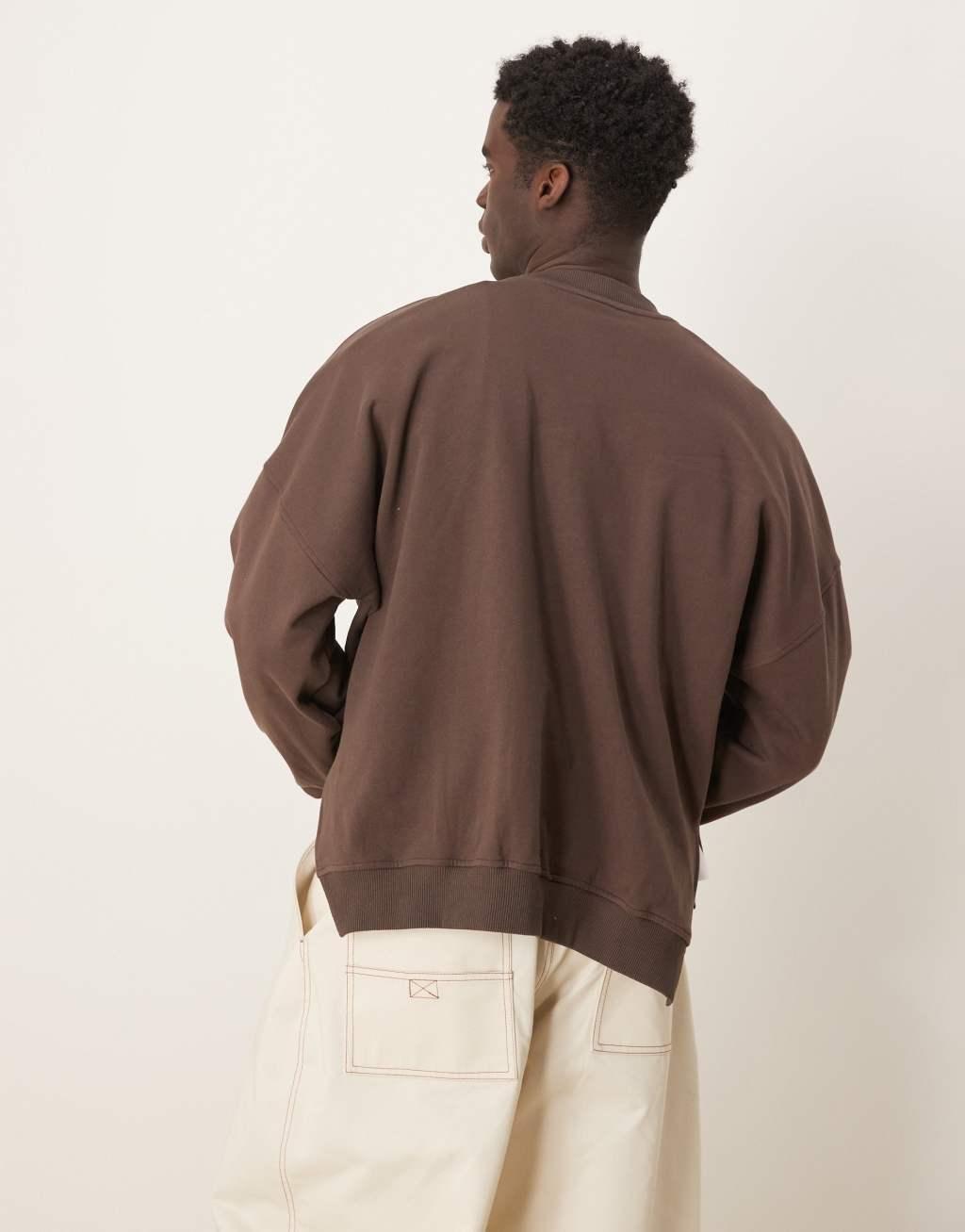 ASOS DESIGN overszied dropped shoulder cropped sweatshirt with split hem in brown Product Image