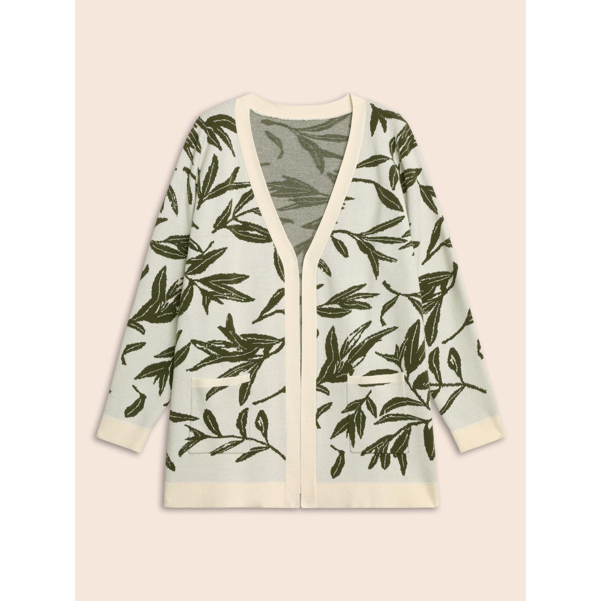 Plus Size Leaf Pattern Patch Pocket Jacquard Cardigan Beige Women Casual Loose Long Sleeve Everyday Cardigans BloomChic 22-24/3X Product Image
