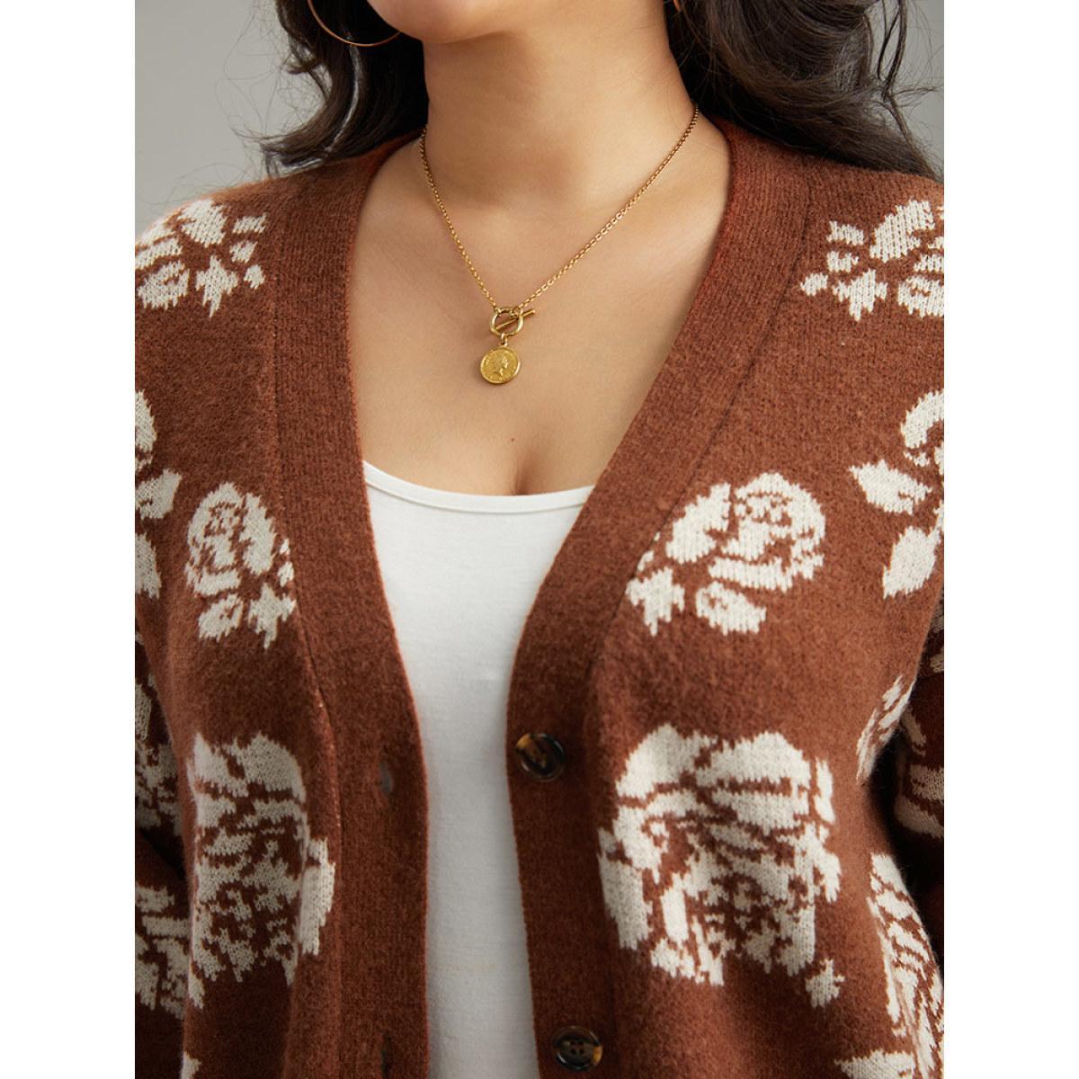 Plus Size Anti-Pilling Floral Print Drop Shoulder Cardigan Chocolate Women Casual Loose Long Sleeve Dailywear Cardigans BloomChic 10/M Product Image