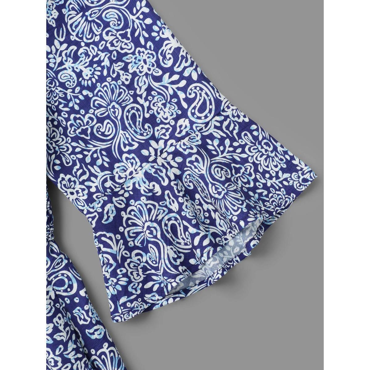Plus Size V-Neck Paisley Print Smocked Waist Dress DarkBlue Women Resort Non V-neck Elbow-length sleeve Curvy BloomChic 22-24/3X Product Image