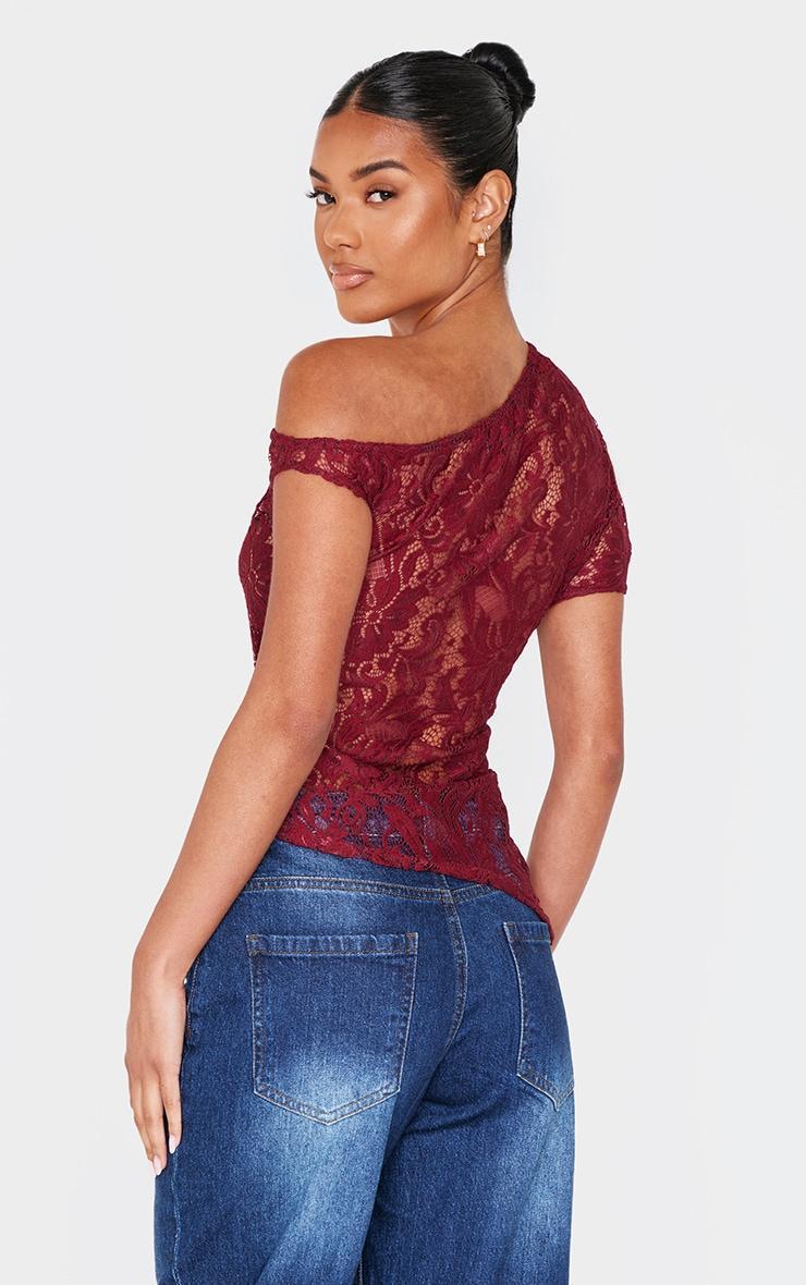 Burgundy Lace Detail Asymmetric Longline Top Product Image