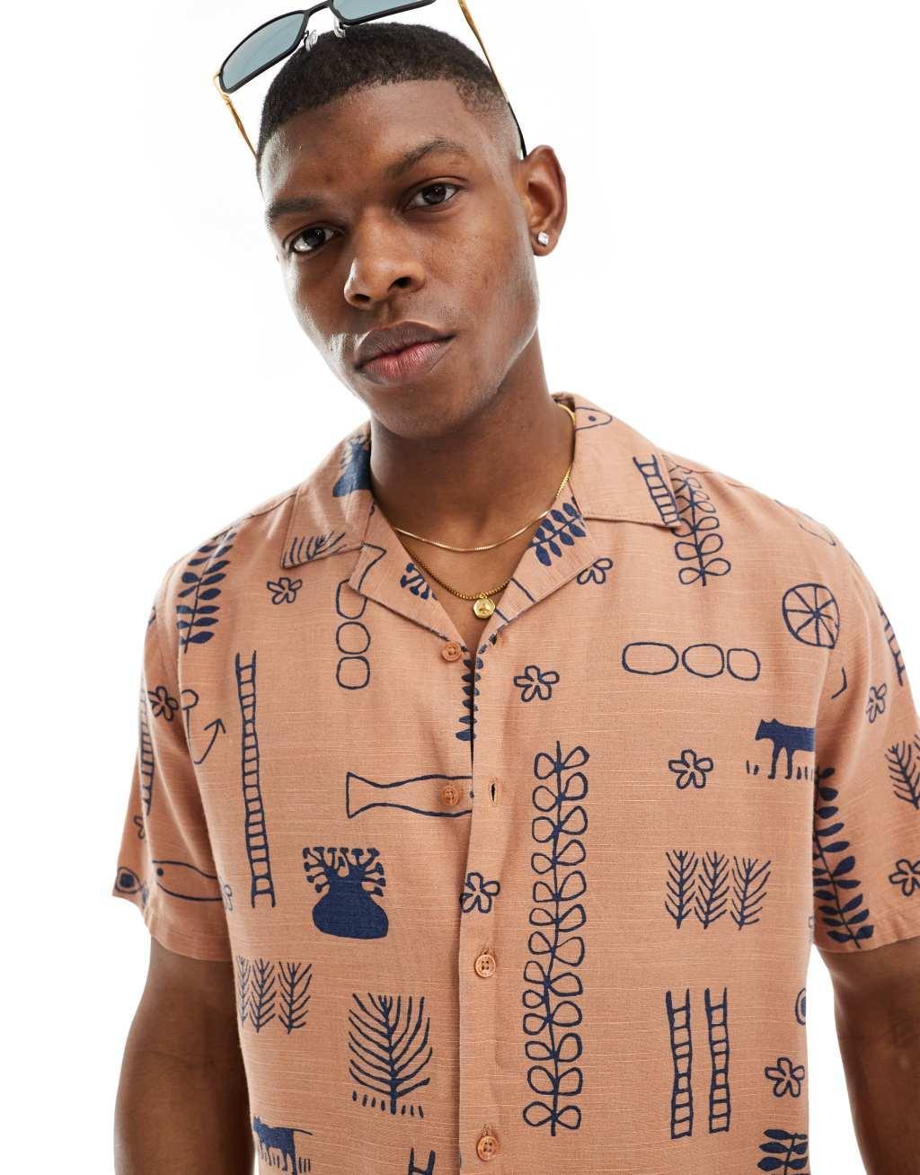 Only & Sons revere collar fit shirt with doodle print in washed orange Product Image