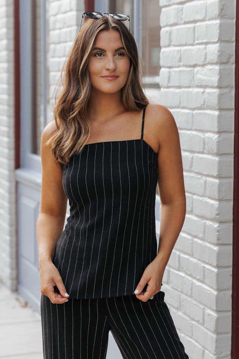 Black Pinstripe Linen Tank Top - FINAL SALE Product Image
